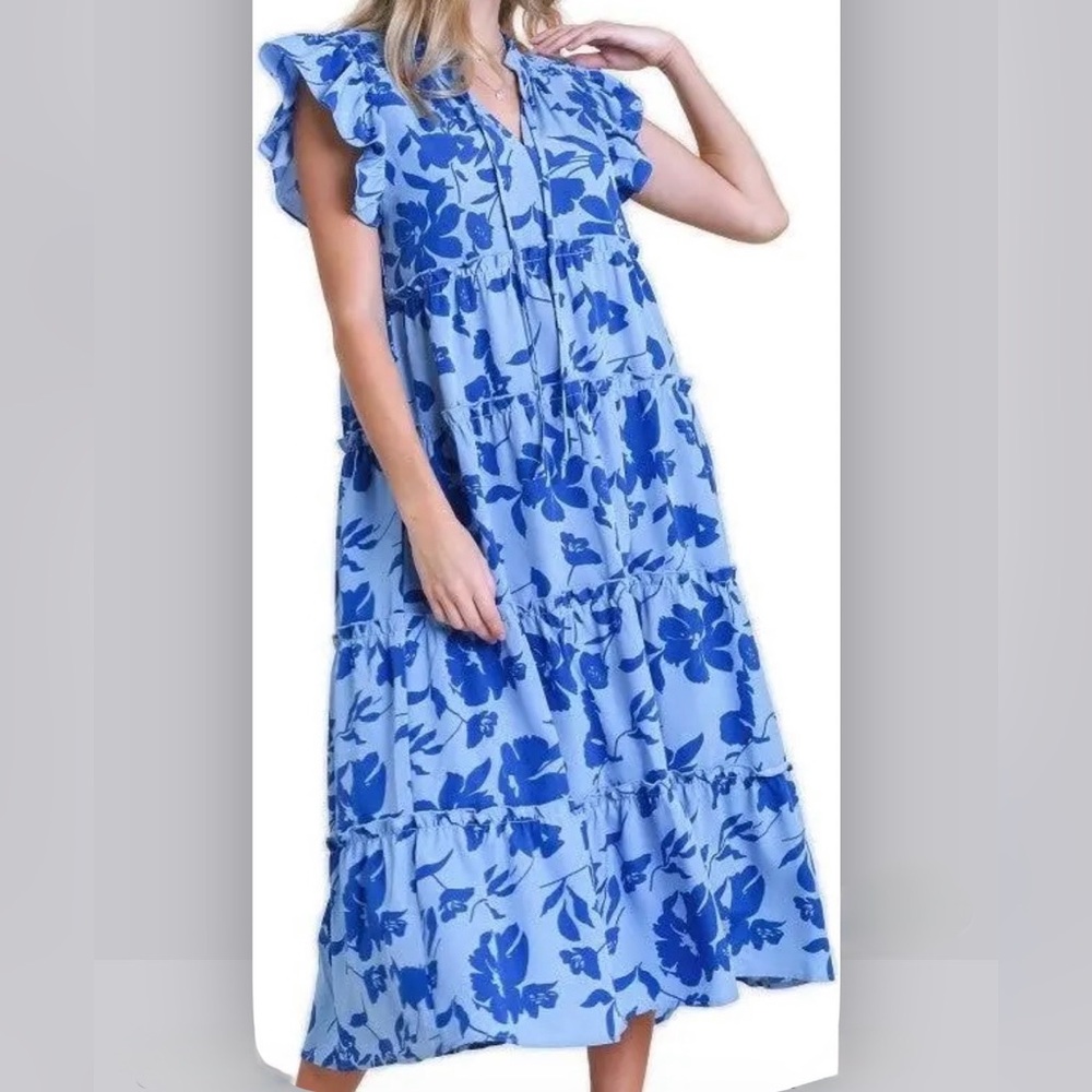 Umgee Blue Floral Dress Tiered Flutter Sleeves Medium MIDI to Maxi